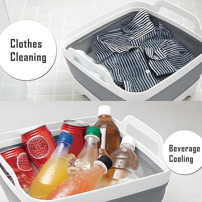 Collapsible Dish Basin with Drain Plug, 9L 2.4 Gallon Portable Wash Basin Dishpan Space Saving Dish Washing Tub Foldable Sink Tub Kitchen Storage Tray Grey