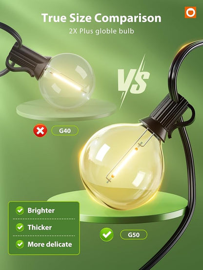 addlon 100FT Solar String Lights for Outside G50 Waterproof | with USB Port Solar Patio Lights Outdoor Solar Powered LED Bulbs 3 Light Modes for Backyard Porch Garden Market Bistro