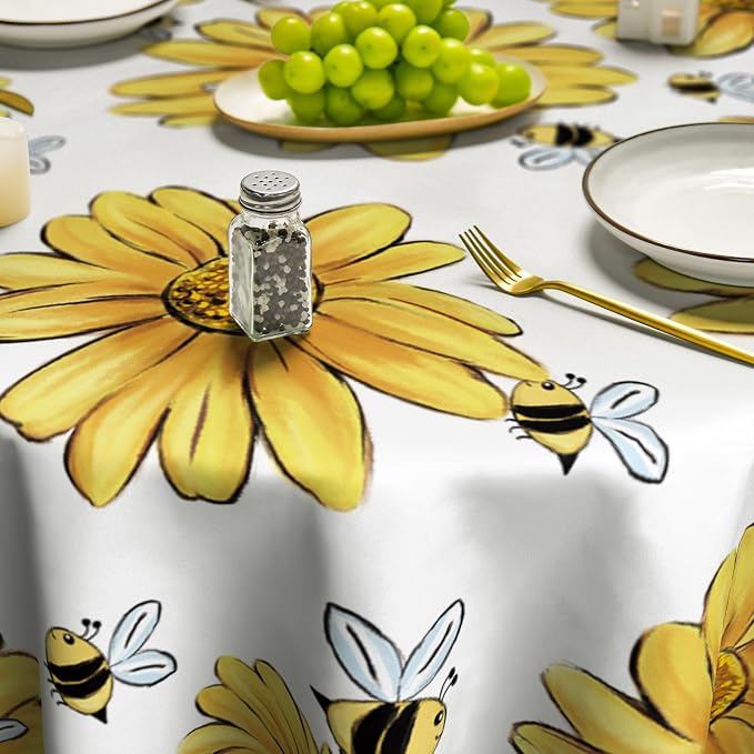 Horaldaily Summer Tablecloth 70 x 70 Inch Round Yellow Sunflower Bumble Bee | White Fall Washable Table Cover for Party Picnic Dinner Decor