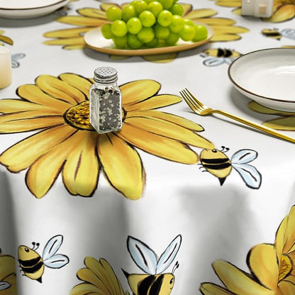 Horaldaily Summer Tablecloth 70 x 70 Inch Round Yellow Sunflower Bumble Bee | White Fall Washable Table Cover for Party Picnic Dinner Decor