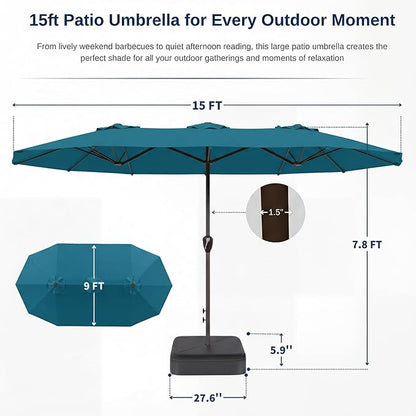 15FT Large Patio Umbrella with Base, Double Sided Rectangular Outdoor Umbrella with Sturdy Fiberglass Ribs, UPF 50+ Sun Protection, Wind-Resistant, Waterproof Fade-Resistant Fabric for Pool, Garden, Backyard, Deck(Lake Blue)