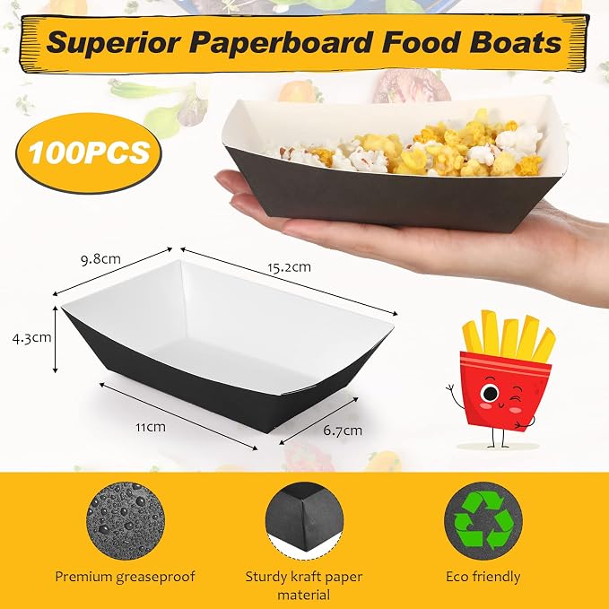 100 Pcs 2lb Paper Food Trays Boat Nacho Boats for Hot Dogs, Black | Grease-Resistant, Disposable Kraft Paper Boat for Tacos Concession, Food Trucks, Birthday, Wedding, Christmas, Halloween