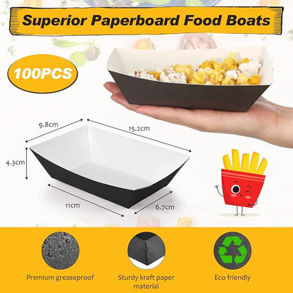 100 Pcs 2lb Paper Food Trays Boat Nacho Boats for Hot Dogs, Black | Grease-Resistant, Disposable Kraft Paper Boat for Tacos Concession, Food Trucks, Birthday, Wedding, Christmas, Halloween
