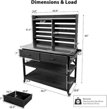 65 Inch Outdoor Potting Bench with Stainless Steel Top, Black | Black fir wood, stainless steel top, garden or patio, upper hutch, 2 drawers, towel rack, lockable wheels, 52 in L