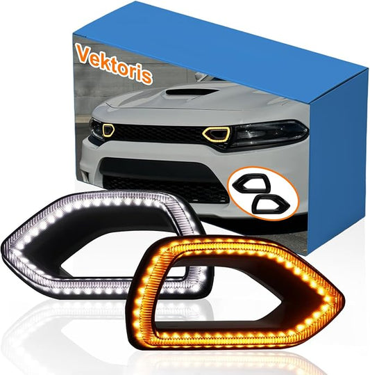 Front Bumper LED Grille Lights for Dodge Charger SRT Scat Pack Pig Nose 2015-2022 Smoked Lens Switchback LED Grille Lamps w/White Daytime Running Light & Amber Turn Signal (Smoked Lens)