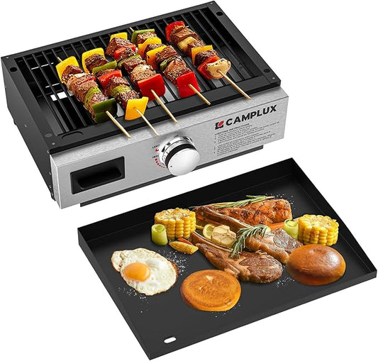 CAMPLUX Propane Griddle Grill 2-in-1 11,000 BTU, Portable Camping Griddle Ceramic Coated, 18-Inch Tabletop Grill with 20 lbs and RV Regulator for BBQ, Camping, RV Picnic and Tailgating