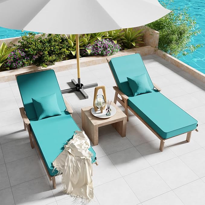 Outdoor Water-Resistant Olefin Chaise Lounge Cushions with Pillow, Weather and Fade Resistant Patio Furniture Lounge Chair Cushion Ideal for Patio, Lawn, Garden, Turquoise, 80"L x 26"W x 5"T