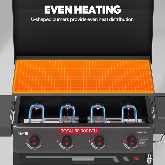 Feasto 36-Inch 4 Burner Propane Flat Top Grill with Hood and Side Burner | 720 Sq. In. Outdoor Griddle with Protective Hood, 50,000 BTU Main Burners, 13,000 BTU Lidded Side Burner, Folding Side Table