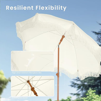PHI VILLA 7ft Fringe Beach Umbrella White with Sand Anchor, Outdoor Patio White Portable Beach Umbrella for Sand with Tassels, Push Button Tilt & Carrying Bag, UPF 50+