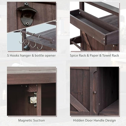 Ball & Cast Outdoor Kitchen Island,Rolling Bar Cart & Storage Cabinet,Farmhouse Solid Wood Outdoor Grill Table with Stainless Steel Top,Spice and Towel Rack,for Kitchen,Barbecue,Dark Brown,50.25"