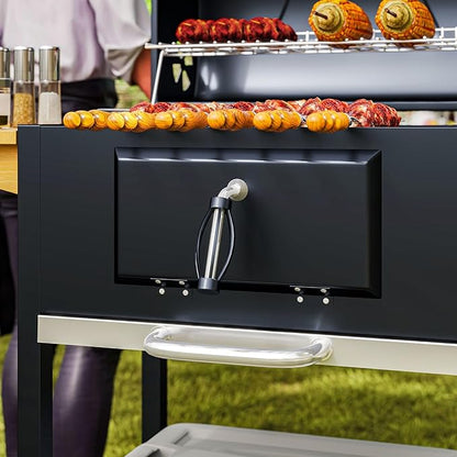 Premium Durable Robust Heavy-Duty Portable Charcoal Barbecue Grill with Side Table Bottom Storage Shelf Wheels Handle Black