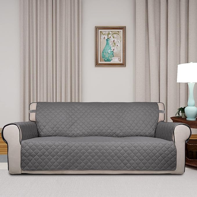 PureFit Reversible Quilted Sofa Cover Dog Couch Covers for Sofa, 66 in | Gray/Gray, Water Resistant Couch Protector, Washable Pet Couch Cover with Non Slip and Elastic Straps For Kids