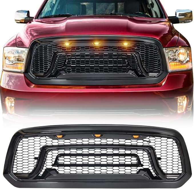 Glossy Black Front Grille Compatible with 2013-2018 Dodge Ram 1500, 2019-2023 Ram 1500 Classic, with Amber Lights (NO "RAM" LETTER)