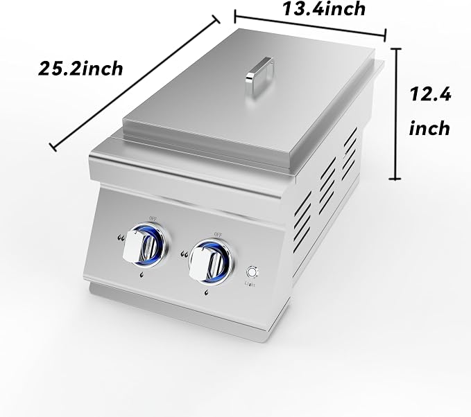 Stainless Steel Outdoor Stove–2x17,000 BTU Side Burner for Outdoor Kitchen,Comes with Propane Stove Lid & LED Light,convertible to Natural Gas.Portable Cooktop with Built-in 2 Burners for BBQ Island.