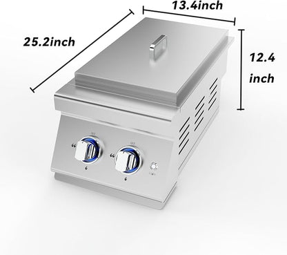 Stainless Steel Outdoor Stove–2x17,000 BTU Side Burner for Outdoor Kitchen,Comes with Propane Stove Lid & LED Light,convertible to Natural Gas.Portable Cooktop with Built-in 2 Burners for BBQ Island.