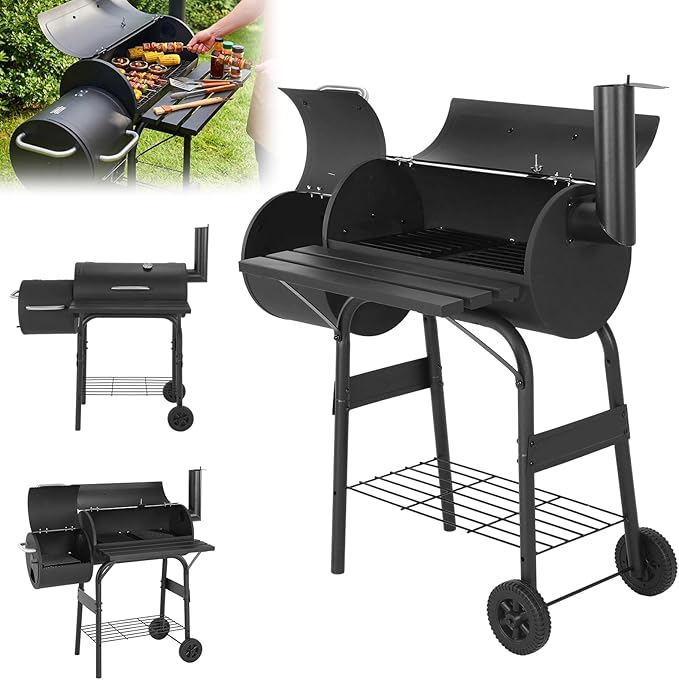 Generic Offset Smoker Charcoal Grill 192 Sq. In. Cooking Surface Wheels Barbecue Cooker Extra Large Smoker Grills All Metal Steel Warming Rack for Outdoor Garden Patio & Backyard Cooking