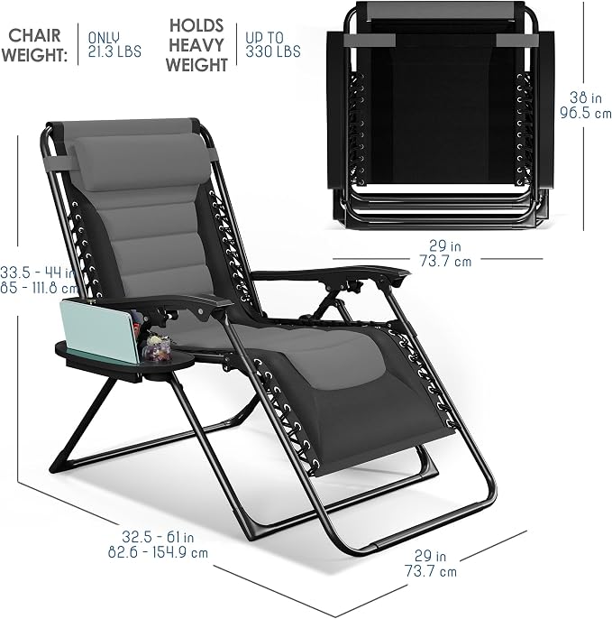 Nestl Padded Oversized Zero Gravity Chair, XL Folding Outdoor Lounge Chair | Adjustable Headrest, Cup Holder & Side Tray, Support 330 LBS, Anti Gravity Reclining, For Patio, Camping & Beach, Black/Grey