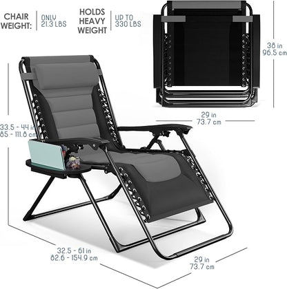 Nestl Padded Oversized Zero Gravity Chair, XL Outdoor Lounge Chair Set of 2 | Adjustable Headrest, Cup Holder & Side Tray, Support 330 LBS, Anti Gravity Reclining, For Patio, Camping & Beach, Black/Grey