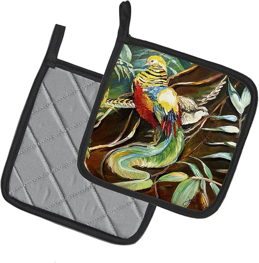 Caroline's Treasures JMK1221PTHD Mandarin Pheasant Pair of Pot Holders Kitchen Heat Resistant Pot Holders Sets Oven Hot Pads for Cooking Baking BBQ, 7 1/2 x 7 1/2