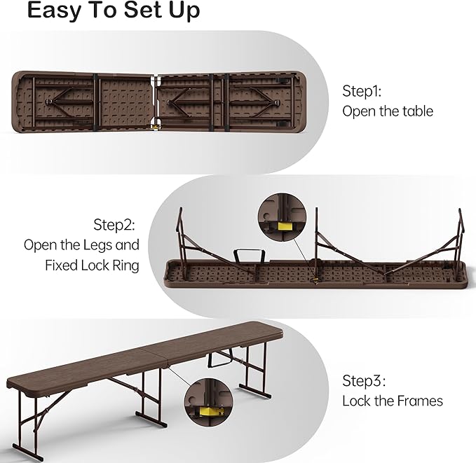 VSOAEIL 6 Foot Folding Bench 2 Pack, Foldable Plastic Bench Indoor Outdoor | 6 Feet Portable Bench Seating with Handle and HDPE Tabletop - Party, Dining, Picnic, Camping, Sports, Temporary Events, Brown
