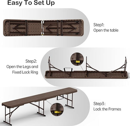 VSOAEIL 6 Foot Folding Bench 2 Pack, Foldable Plastic Bench Indoor Outdoor | 6 Feet Portable Bench Seating with Handle and HDPE Tabletop - Party, Dining, Picnic, Camping, Sports, Temporary Events, Brown
