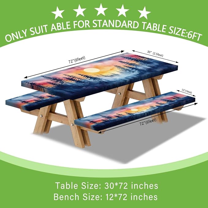 JAWO Picnic Table Cover with Bench Covers, Forest Mountain Camping RV Essentials Gear Supplies Outdoor Camper Waterproof Windproof Tablecloth with Elastic, 90in