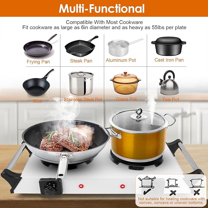 Electric Hot Plate for Cooking, 2000W Portable Cooking Stove Countertop Dual Burner Cooktop, Adjustable Temperature Control for All Cookwares Home Camp RV, Easy to Clean (Silver)