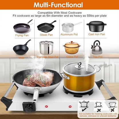 Electric Hot Plate for Cooking, 2000W Portable Cooking Stove Countertop Dual Burner Cooktop, Adjustable Temperature Control for All Cookwares Home Camp RV, Easy to Clean (Silver)