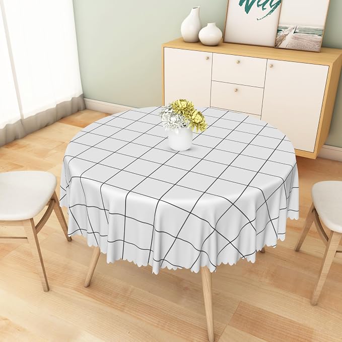 White Check Round Tablecloth 70x70 Inch Classic Stripes Table Cloth Dust-Proof Circle Table Cover Protector for Home Restaurant Picnic Camping BBQ Waterproof Resistant Polyester Tablecloths