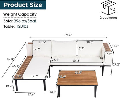 VilroCaz Luxury Outdoor Patio Furniture Set, L-Shaped Acacia Wood Sectional Sofa with Side Table, All-Weather Conversation Set with Removable Cushions and Coffee Table for Backyard Porch (Beige-4.20)