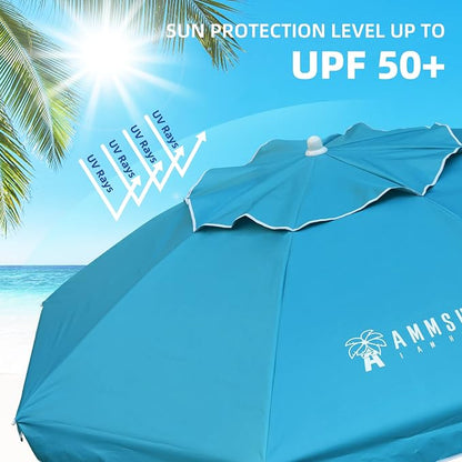 AMMSUN 6.5ft Portable Patio Beach Umbrella for Sand with Tilt, Air Vent | UPF50+ Sun Protection, Windproof Outdoor Umbrellas with Carry Bag, for Patio Beach Garden Pool Backyard, Sky Blue