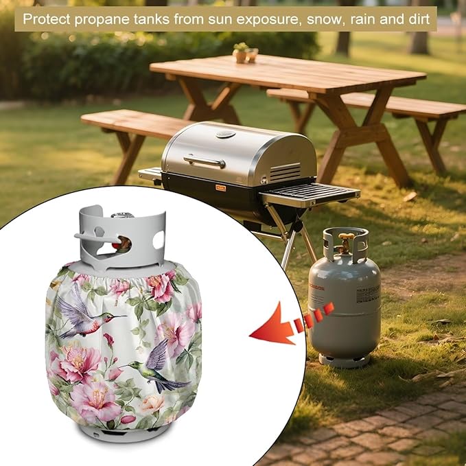 Propane Tank Cover 20lb Gas Tank Cover Outdoor 600D Heavy Duty Waterproof Covers Fits Standard 20 lb Cylinder, 13.7'' x 16.5'' Hummingbird Floral