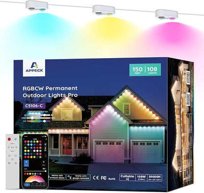 APPECK Permanent Outdoor Lights Pro, 150ft with 108 RGBCW Eaves Lights | Dual Lens, 108W, 80lm, Cuttable, IP67 Waterproof Lighting for Daily and Holiday Decor, Compatible with Alexa, White
