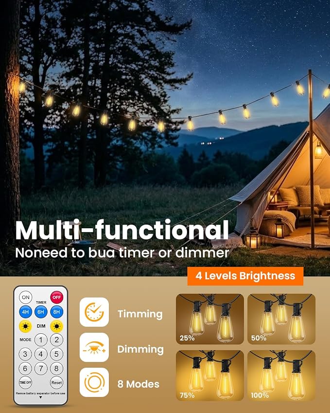 VOLIVO 200FT Solar String Lights Waterproof Patio ST38 Shatterproof | Bulbs with Remote & 8 Lighting Modes, 65+2 E12 Bulbs 2700K Warm White Solar Powered String Lights for Garden Backyard