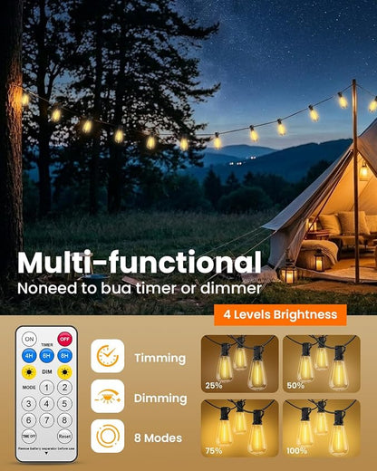 VOLIVO 200FT Solar String Lights Waterproof Patio ST38 Shatterproof | Bulbs with Remote & 8 Lighting Modes, 65+2 E12 Bulbs 2700K Warm White Solar Powered String Lights for Garden Backyard