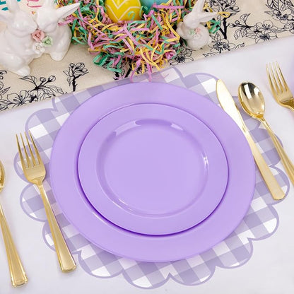 100 Pcs Checkered Paper Placemats Purple Gingham Place Mats 13.5 Inch Disposable Round Decorative Dining Table Mat with Scalloped Edge Paper Cutouts Decor for Wedding Baby Shower Party Supplies