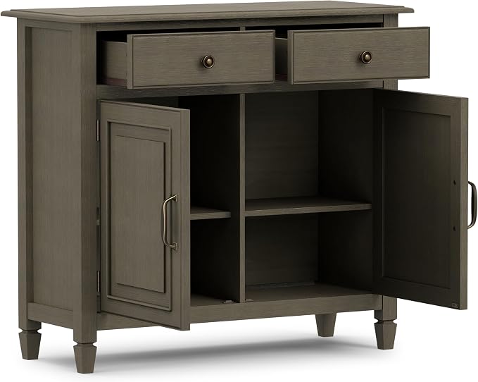 SIMPLIHOME Connaught 40" Wide Solid Wood Cabinet in Farmhouse Grey | Traditional slim entryway and living room organizer for hats, gloves, shoes and keys with space-saving storage design.