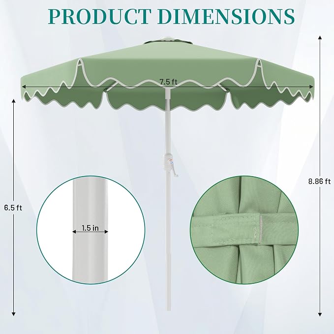 AreShark 7.5FT Outdoor Patio Umbrella with Wavy Trim (Sage Green) | Market Table Umbrellas w/ 6 Sturdy Ribs, Crank & Tilt, White Pole, Pool Umbrella with UV-Fade Resistant Fabric, Heavy Frame