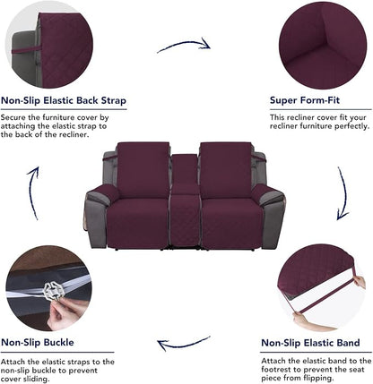 PureFit Water Resistant Reversible Loveseat Recliner Cover for Double | Double with Console, Non Slip Split Sofa Cover, Washable Reclining Cover, Wine/Beige