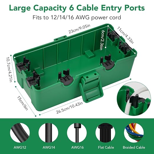 Medium and Small Outdoor Electrical Box, IP54 Waterproof, Extension Cord Cover Protect Power Strip, String Lights, Timer, Plug, Green