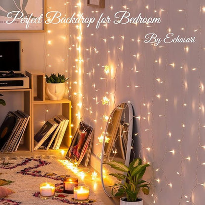 echosari 9.8ft×9.8ft Curtain Lights Battery Operated with Remote Warm White | 300 LED Hanging Light Timer Fairy Curtain Lights for Bedroom Patio Wedding Backdrop Party Decór