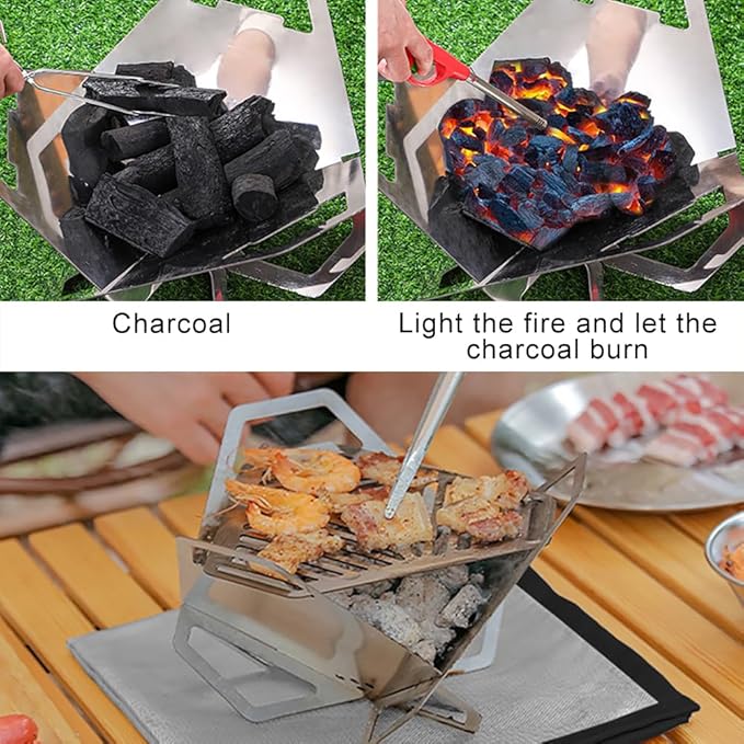 Mini Camp Grill, Portable Stainless Steel Camping Stove, Foldable Tabletop Grill BBQ for Outdoor Camping, Traveling, Picnic（Large）