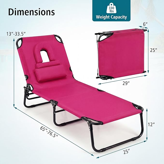GYMAX Tanning Chair, Folding Lounge Chairs with Face Hole & Cover, Removable Pillow Carry Handle, Portable Compact Outdoor Layout Recliner for Beach, Poolside, Lawn, Patio, Camping (Pink,2)