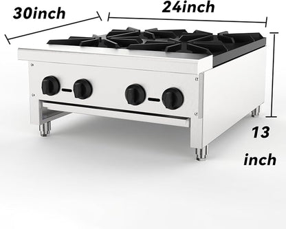 Commercial 4-Burner Stove, Natural Gas Propane-Ready Countertop Range, Stainless Steel Hot Plate, 112,000 BTU Restaurant Kitchen Cooktop, Independent Controls, Removable Drip Tray, Cast Iron Grates