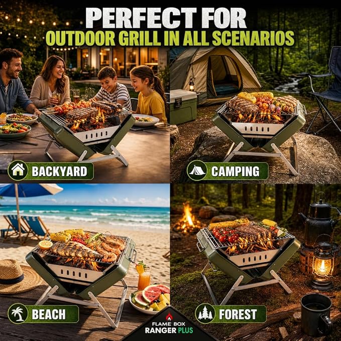 Ranger Plus Portable Charcoal Grill – Folding BBQ with Large Grilling Grate for Camping, Tailgating & Backyard | Serves 4–5, Full‑Grate Cooking Coverage, 304 Stainless Steel, 3‑Second Setup