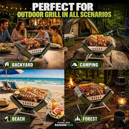 Ranger Plus Portable Charcoal Grill – Folding BBQ with Large Grilling Grate for Camping, Tailgating & Backyard | Serves 4–5, Full‑Grate Cooking Coverage, 304 Stainless Steel, 3‑Second Setup