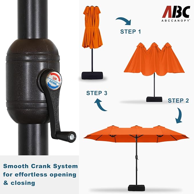 ABCCANOPY 15FT Double-Sided Rectangle Patio Umbrella with Base, Orange | Rectangular Outdoor Table Umbrella with Crank, Heavy Duty Market Umbrella Shade for Garden,Poolside, Lawn, Backyard