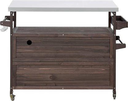 LUMISOL Outdoor Grill Cart with Stainless Steel Top, Farmhouse Solid Wood Kitchen Island with Storage Rack, Outdoor Rolling Bar Cart & Storage Cabinet with Spice & Towel Rack, Dark Brown