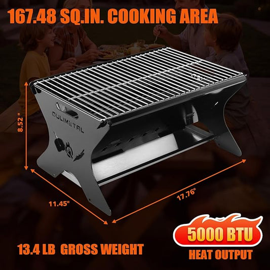 QuliMetal Portable Camping Grill – Foldable Charcoal/Gas Grill with Carry Bag | Heavy-Duty Backpacking BBQ & Fire Pit Grill for Outdoor Cooking, Camping, Tailgating, Patio & Backyard