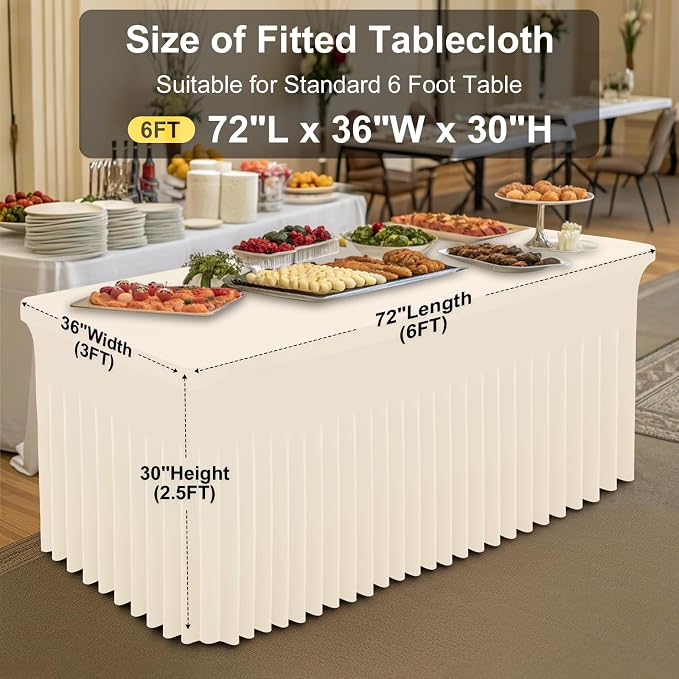 Smiry 2 Pack Spandex Elastic Fitted Table Cloth Skirt for 6FT Table | Stretch Washable Table Cloth, Banquet Table Cover for Wedding, Party, Indoor & Trade Shows, (Beige, 72Lx36Wx30H)